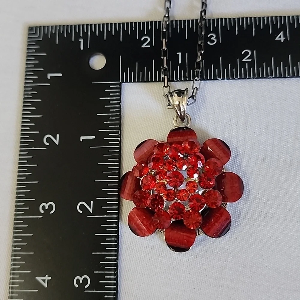 Red Glass and Crystal Flower Pendant Necklace and Matching Flower Earrings Set